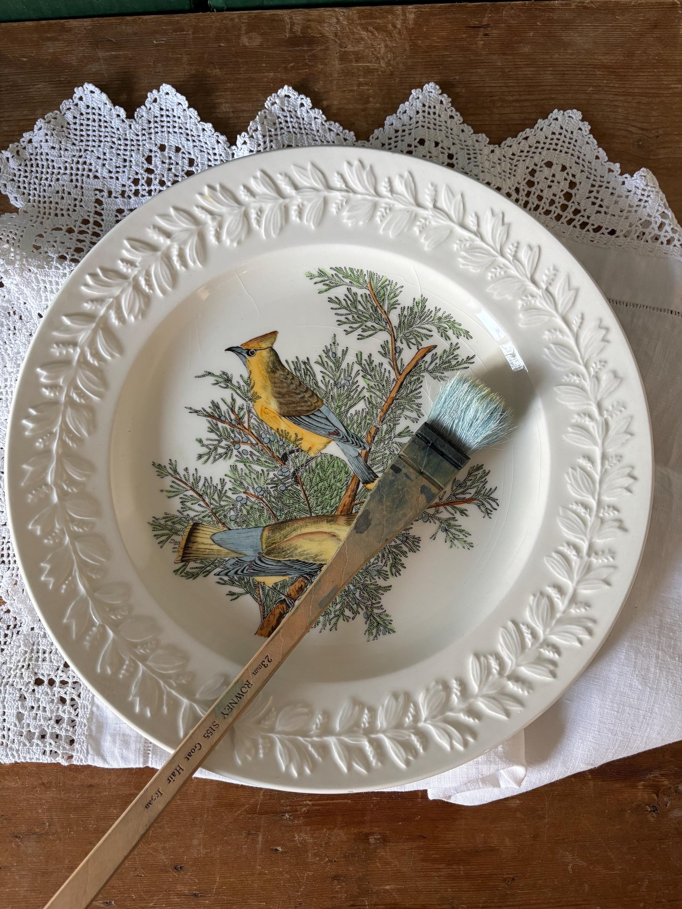 Decorative plate with bird and tree design and embossed leaf decoration