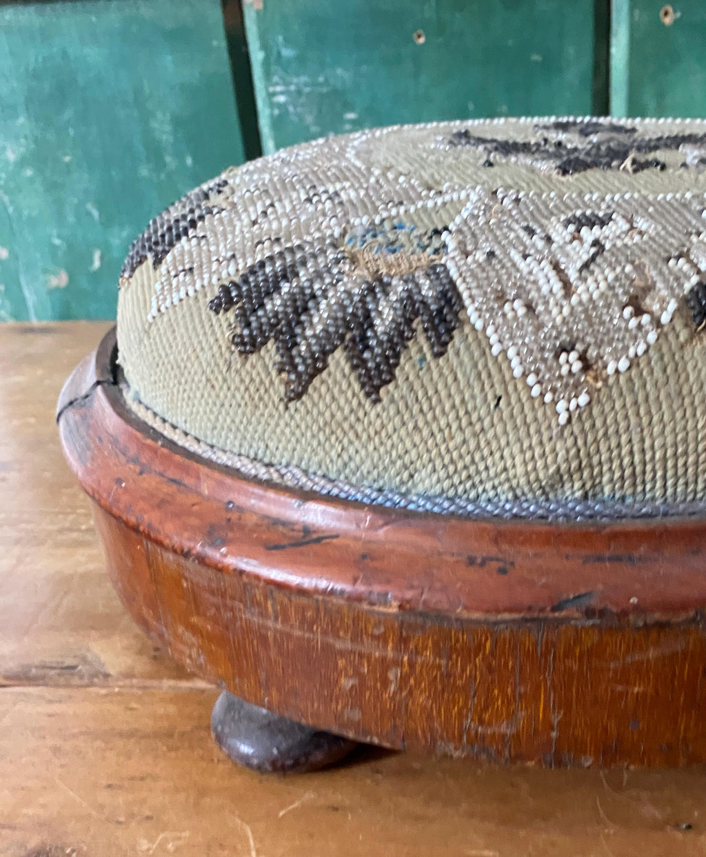 Beadwork Footstool Antique: Victorian Tapestry & Oak