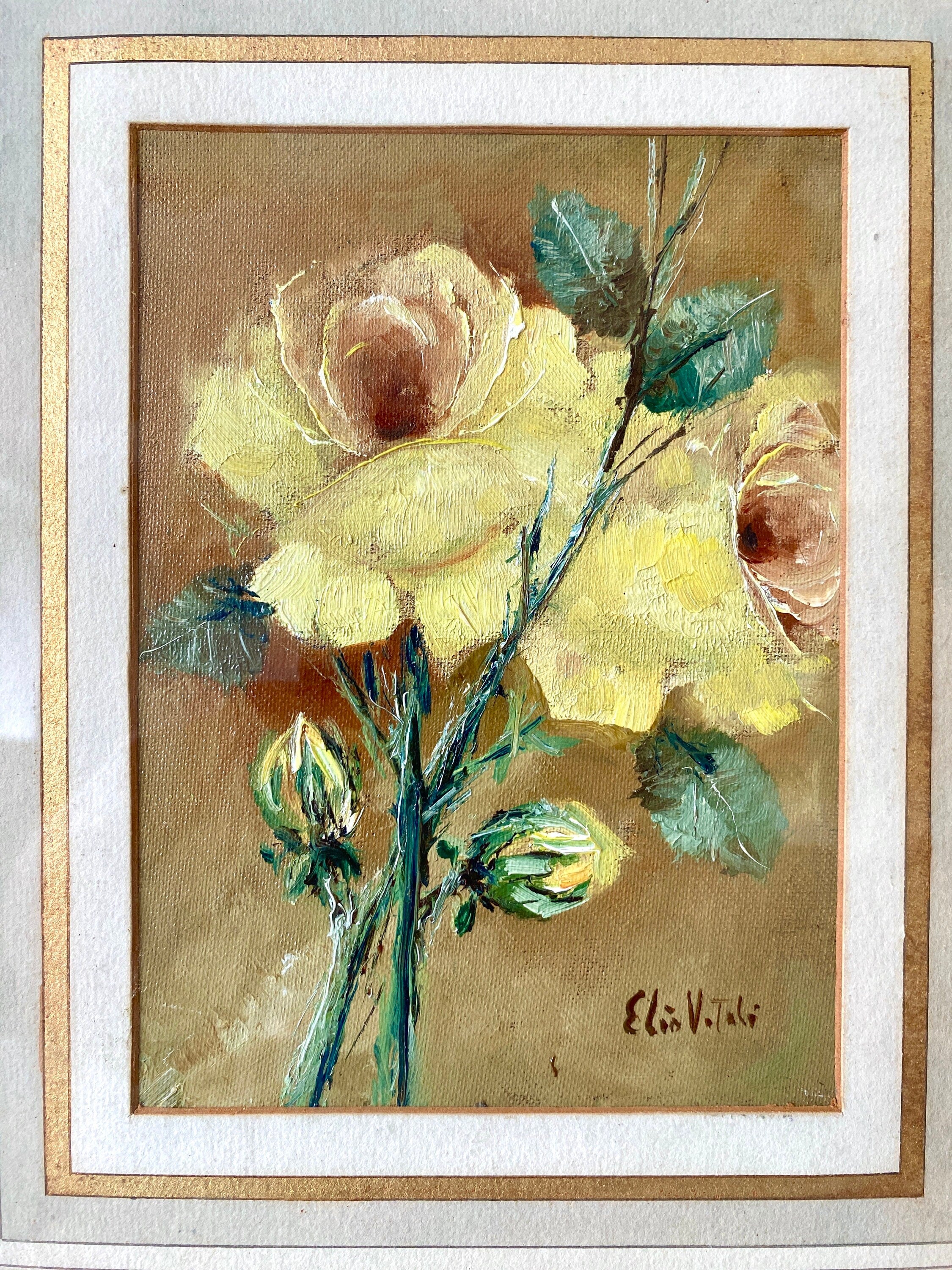 Framed painting of yellow roses with green leaves on a textured brown background