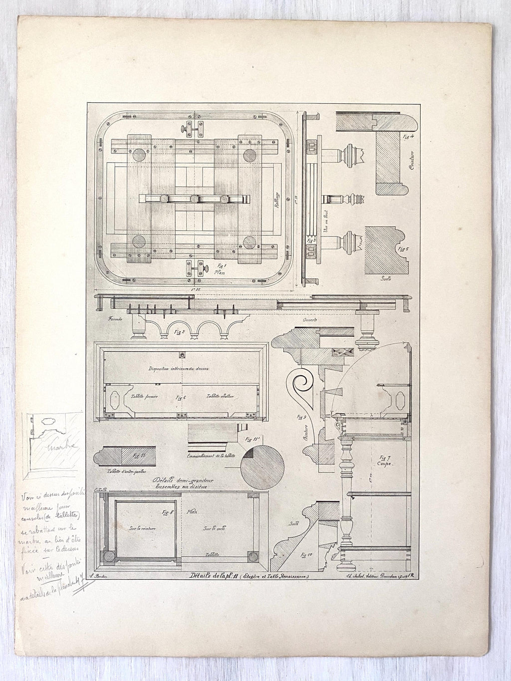 Technical drawings showing details of a taable construction with hand written annotations