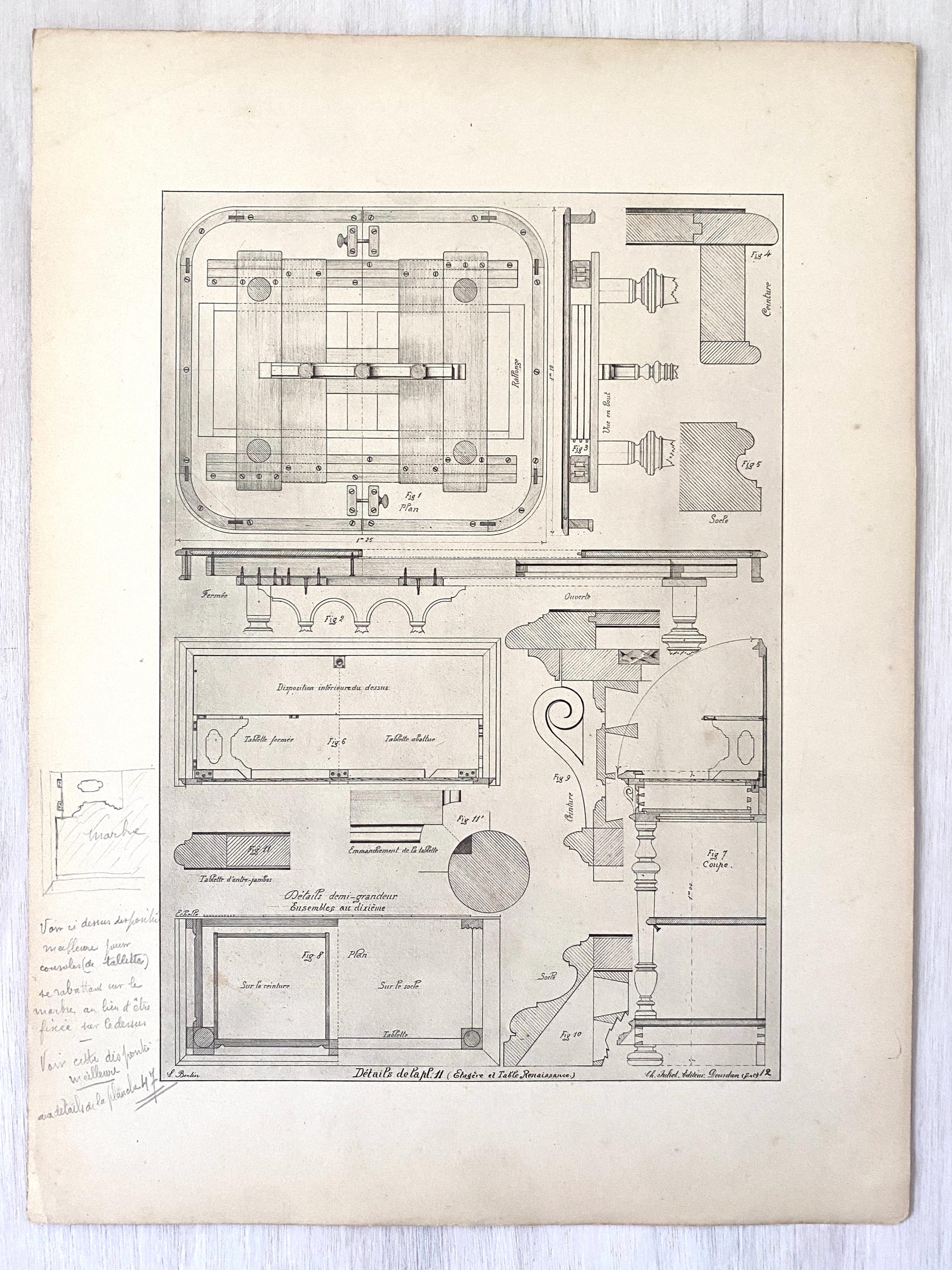 Technical drawings showing details of a taable construction with hand written annotations
