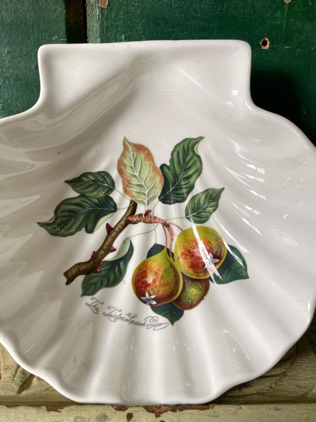Decorative shell-shaped plate with pear design 