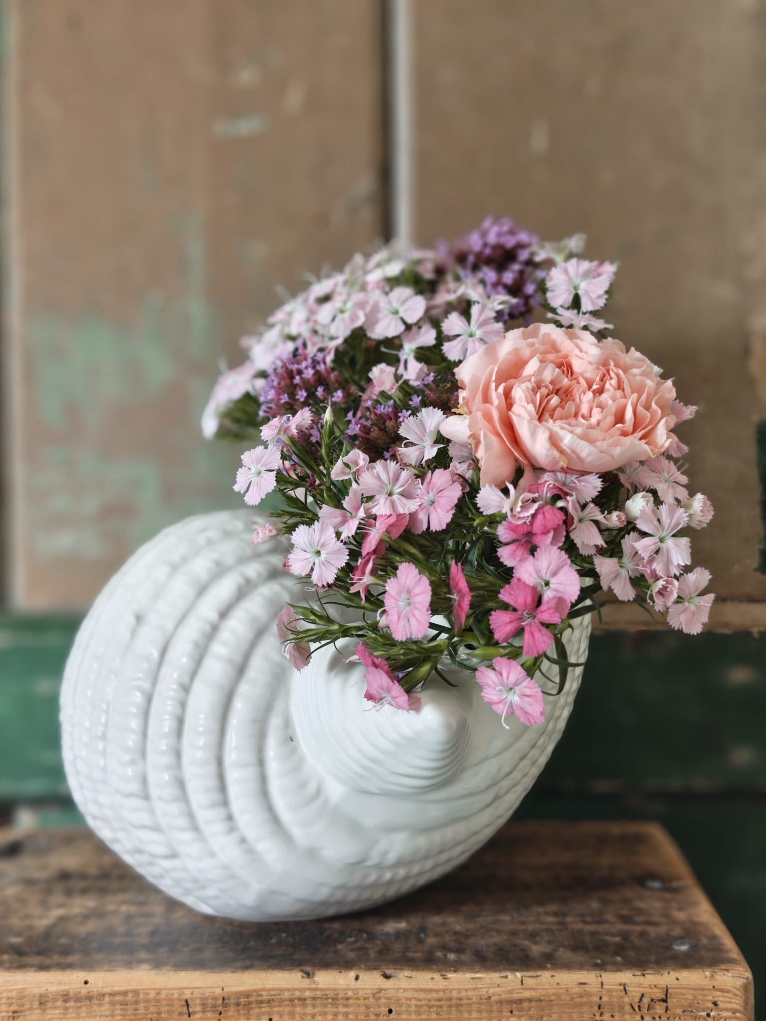 A vintage ribbed ceramic vase shaped like a conch shell.