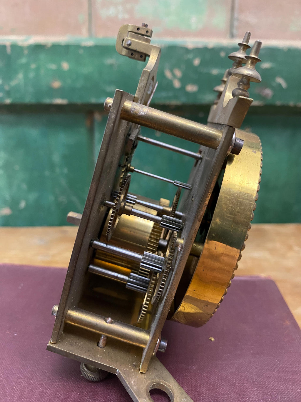 Close-up of a mechanical clock mechanism 