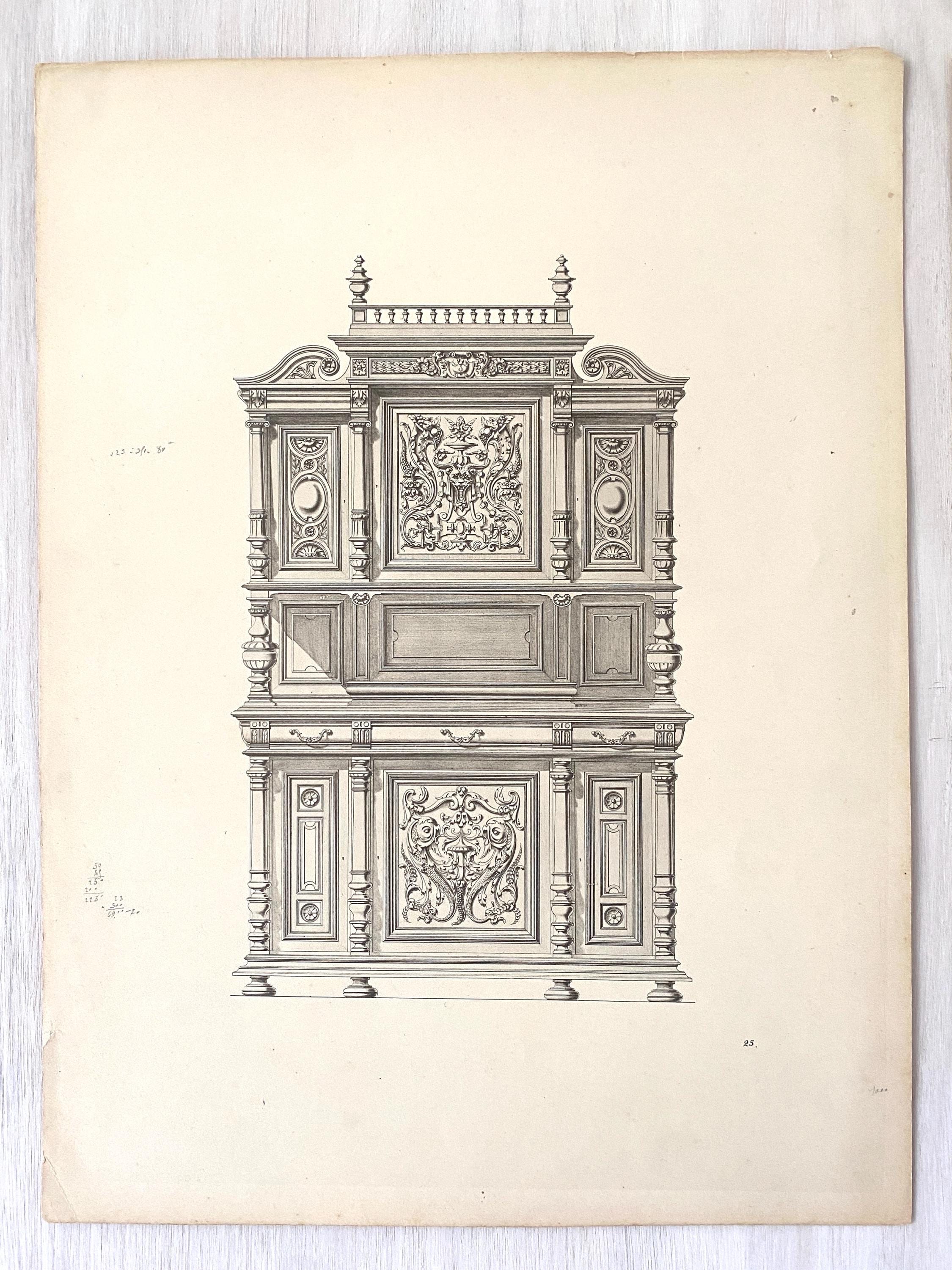 Antique lithograph illustration of an ornate cabinet