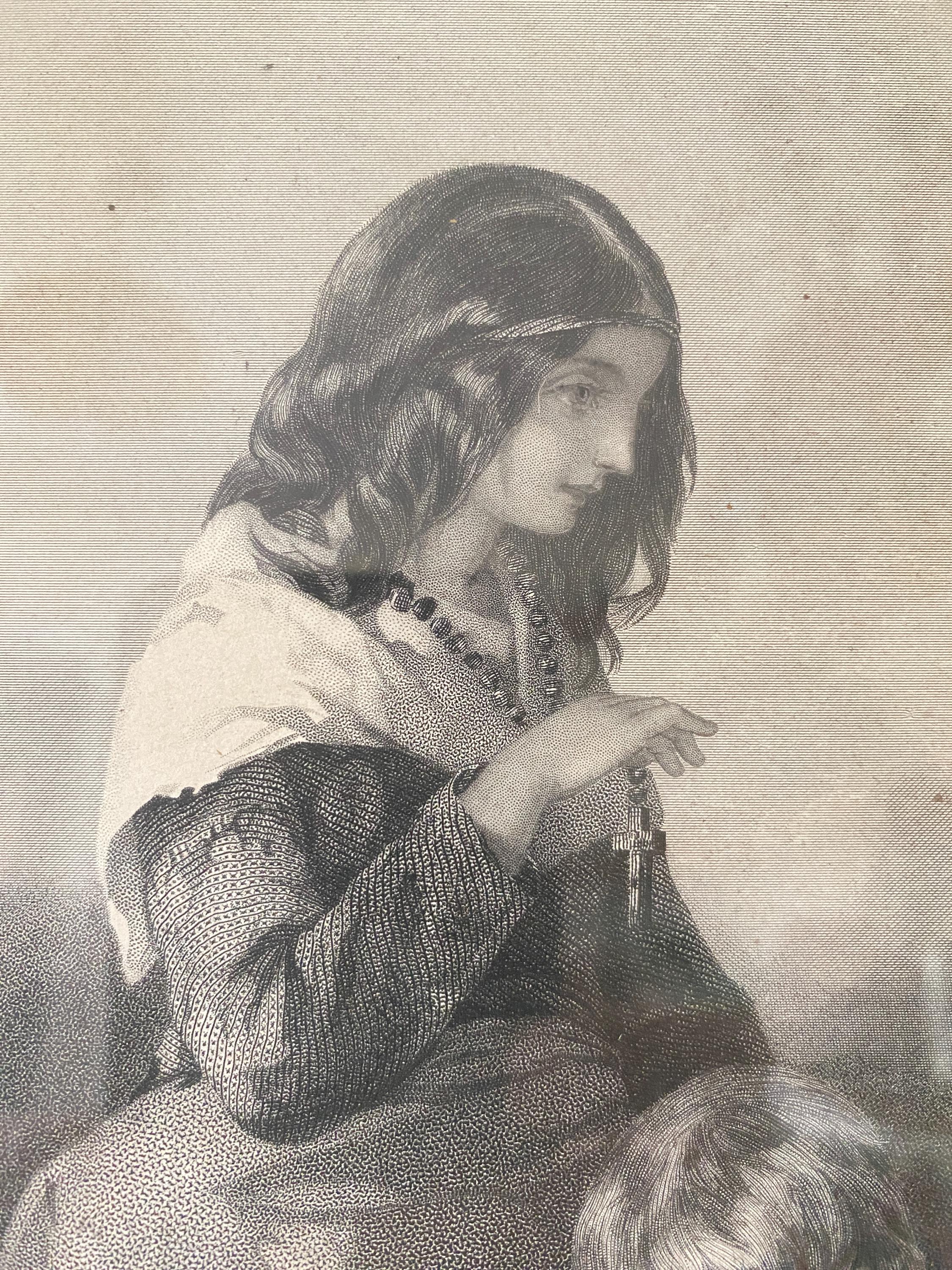 Vintage black and white illustration of a woman holding a rosary