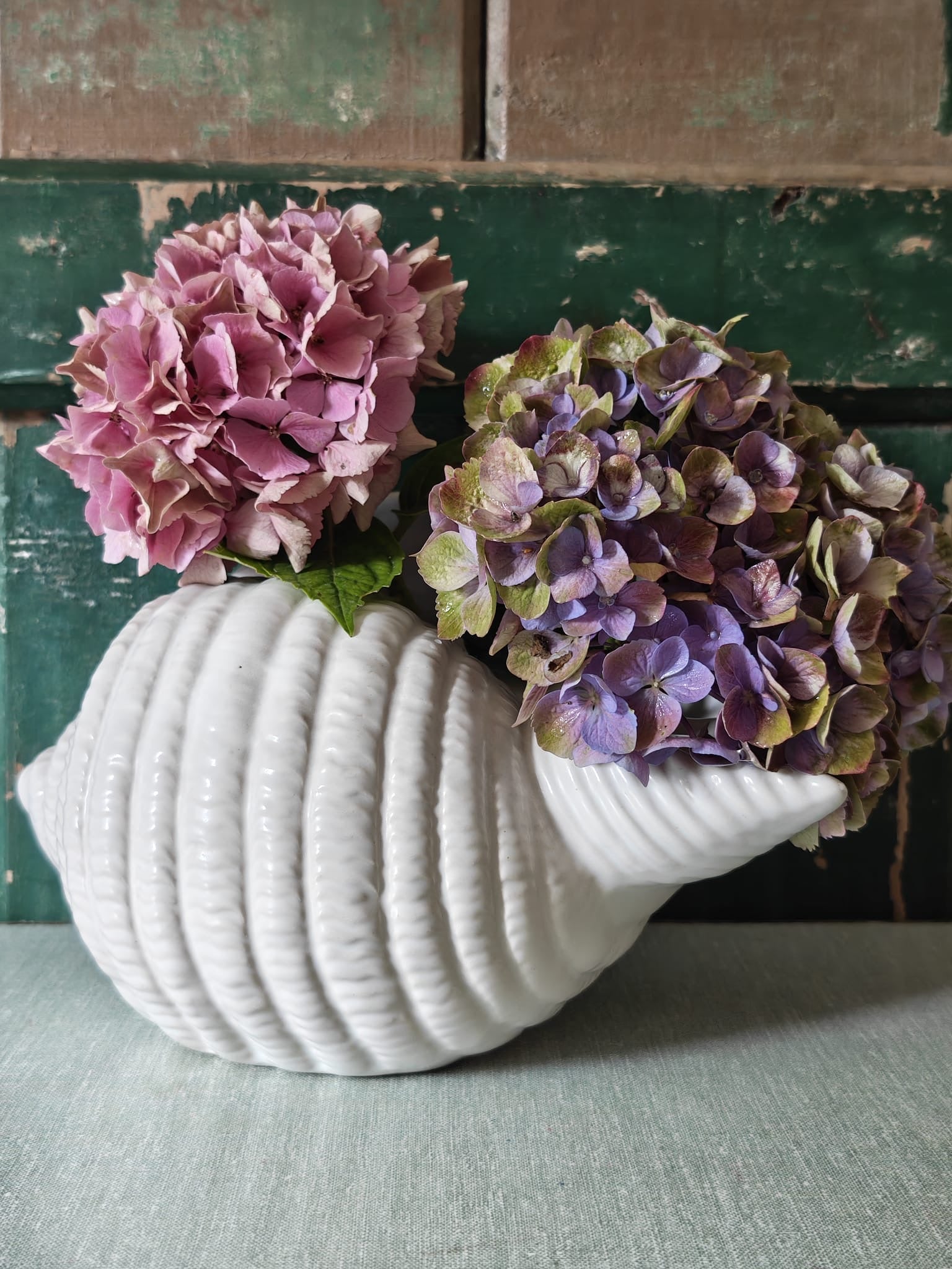 A vintage ribbed ceramic seashell vase from Shorter and Son.