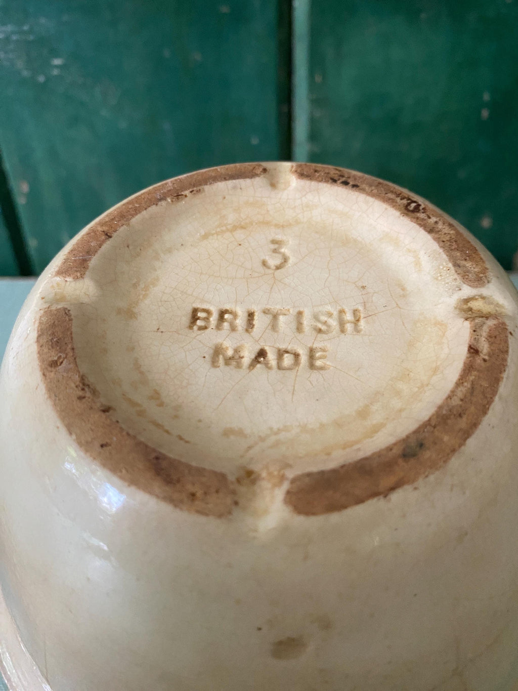 Base of a vintage ceramic pudding bwl showing British Made stamp