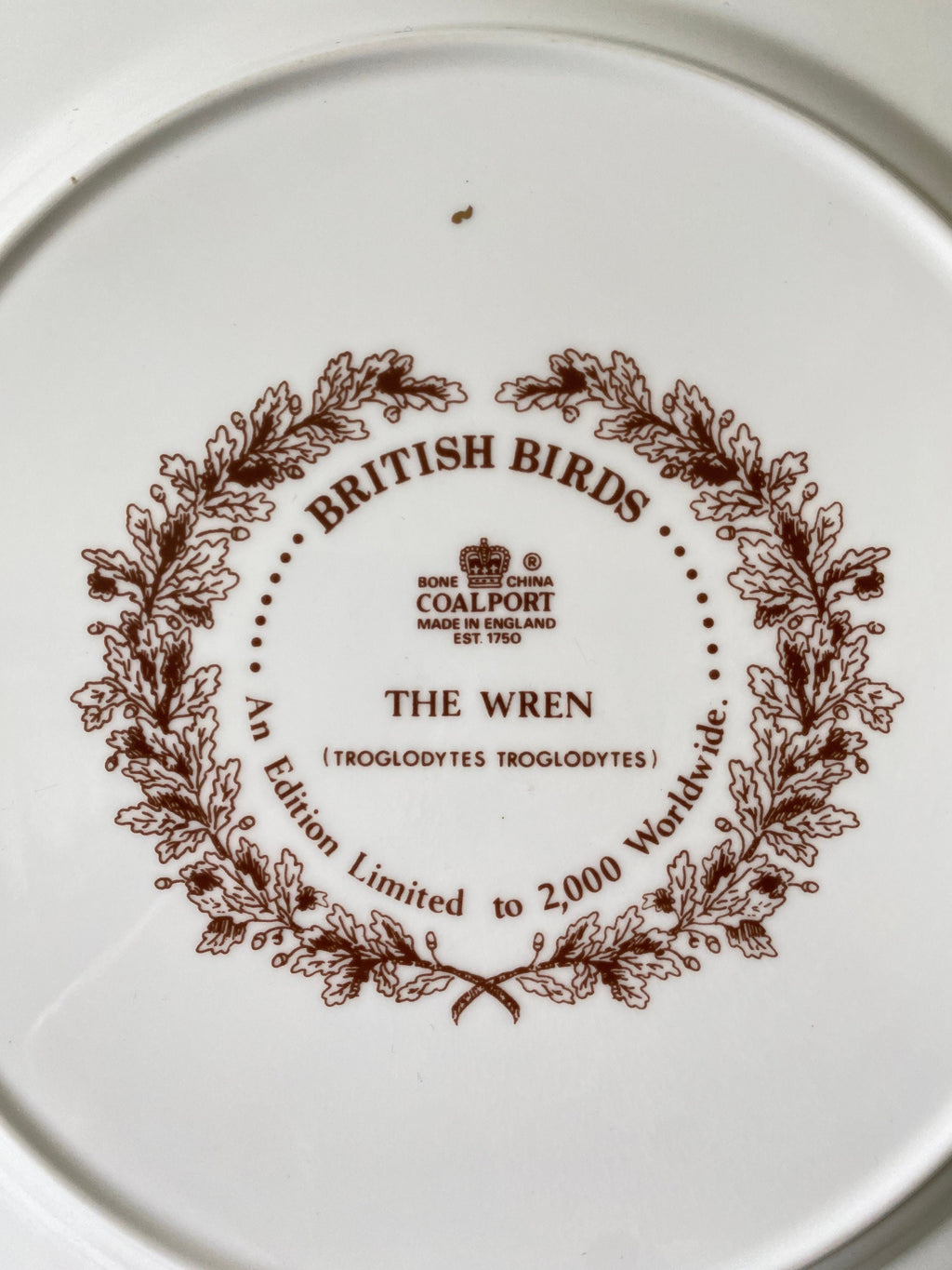 White plate with brown text and design, featuring the Coalport brand.
