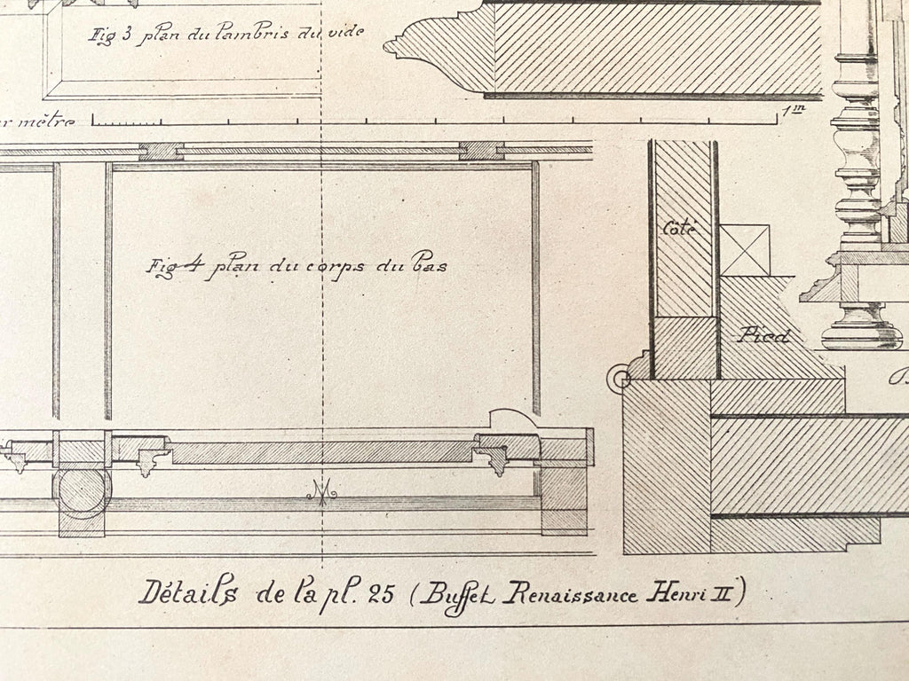 Technical drawing of part of a cabinet construction with annotation in French handwriting