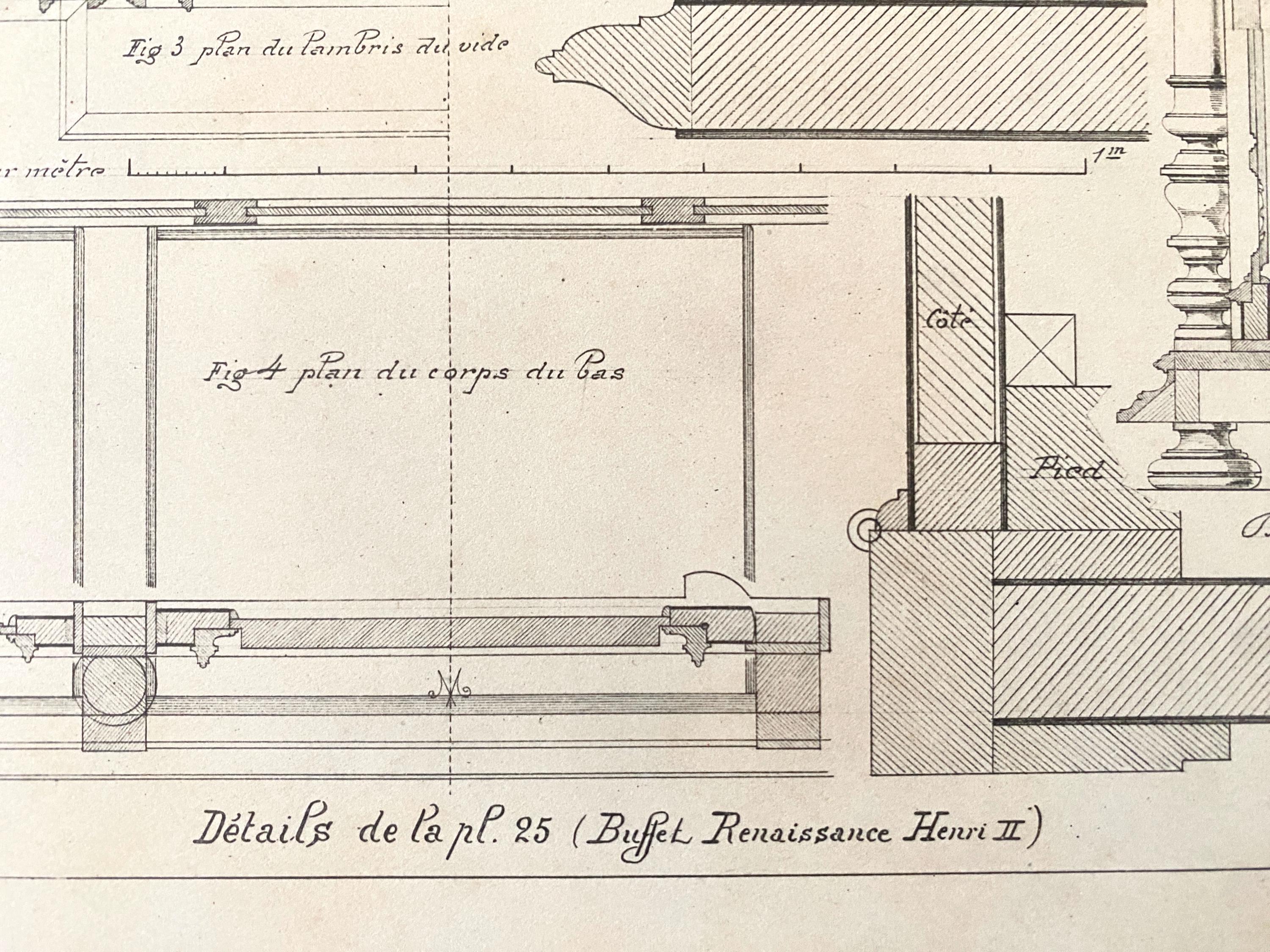 Technical drawing of part of a cabinet construction with annotation in French handwriting