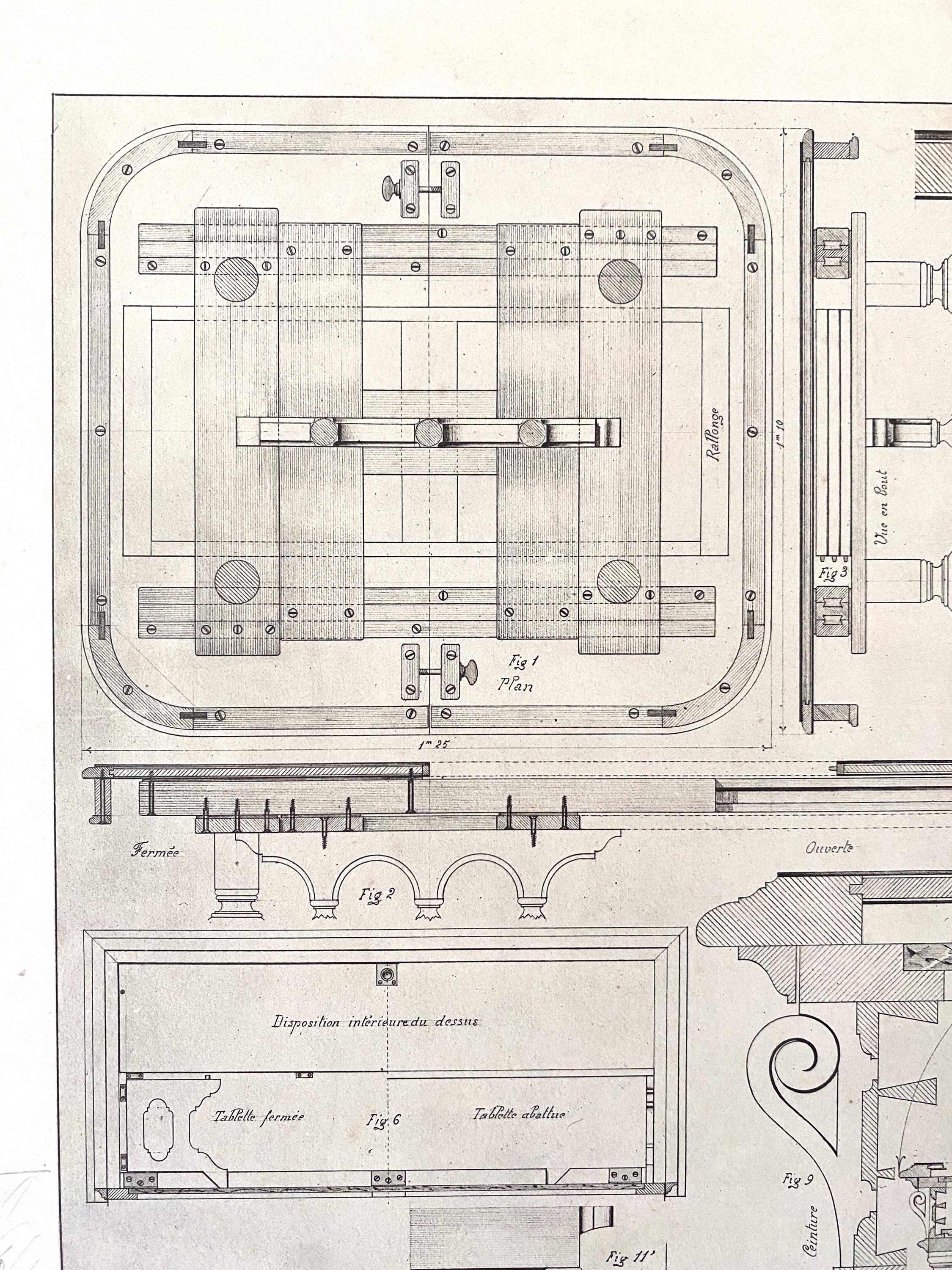 Technical drawings showing details of a table construction with hand written annotations