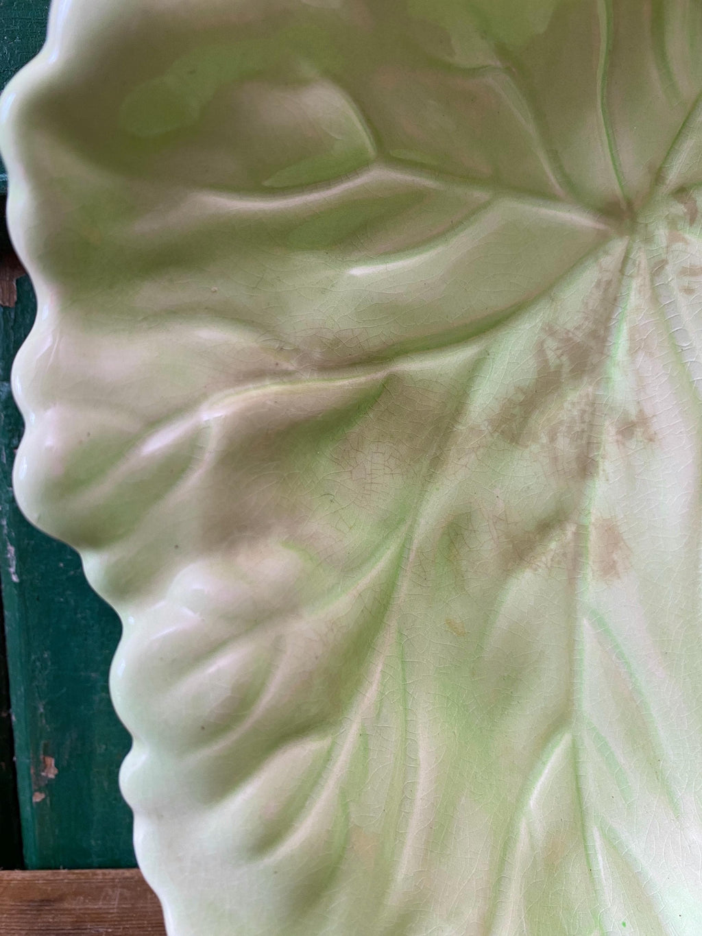 Close-up of a decorative ceramic leaf-shaped dish