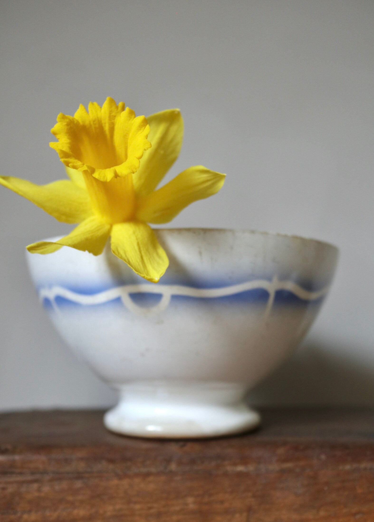 French Cafe au Lait Bowl: Blue Floral Vintage Bowl, Chippy Farmhouse Decor