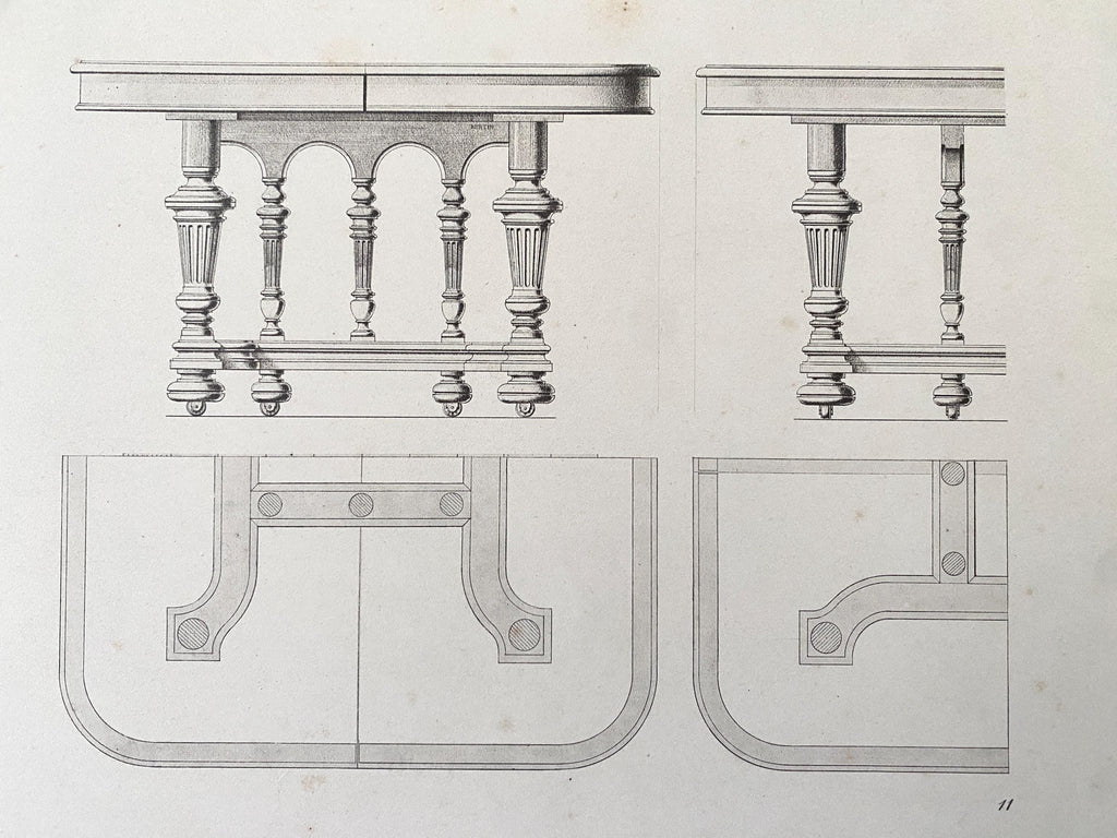 Antique lithograph of an illustration of a table with technical details