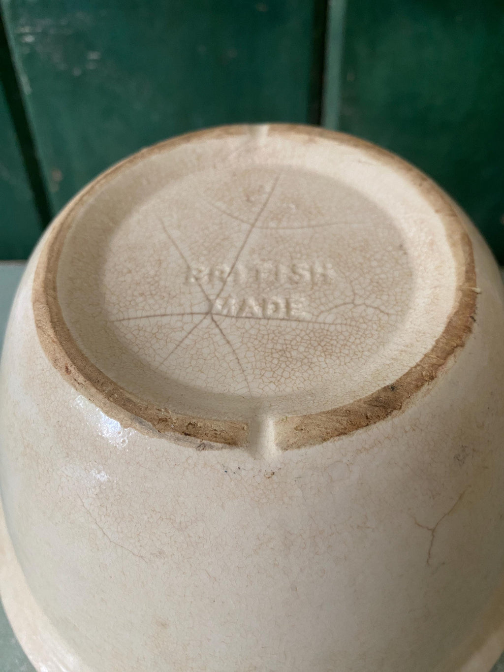 Base of a vintage ceramic pudding bowl showing British Made stamp