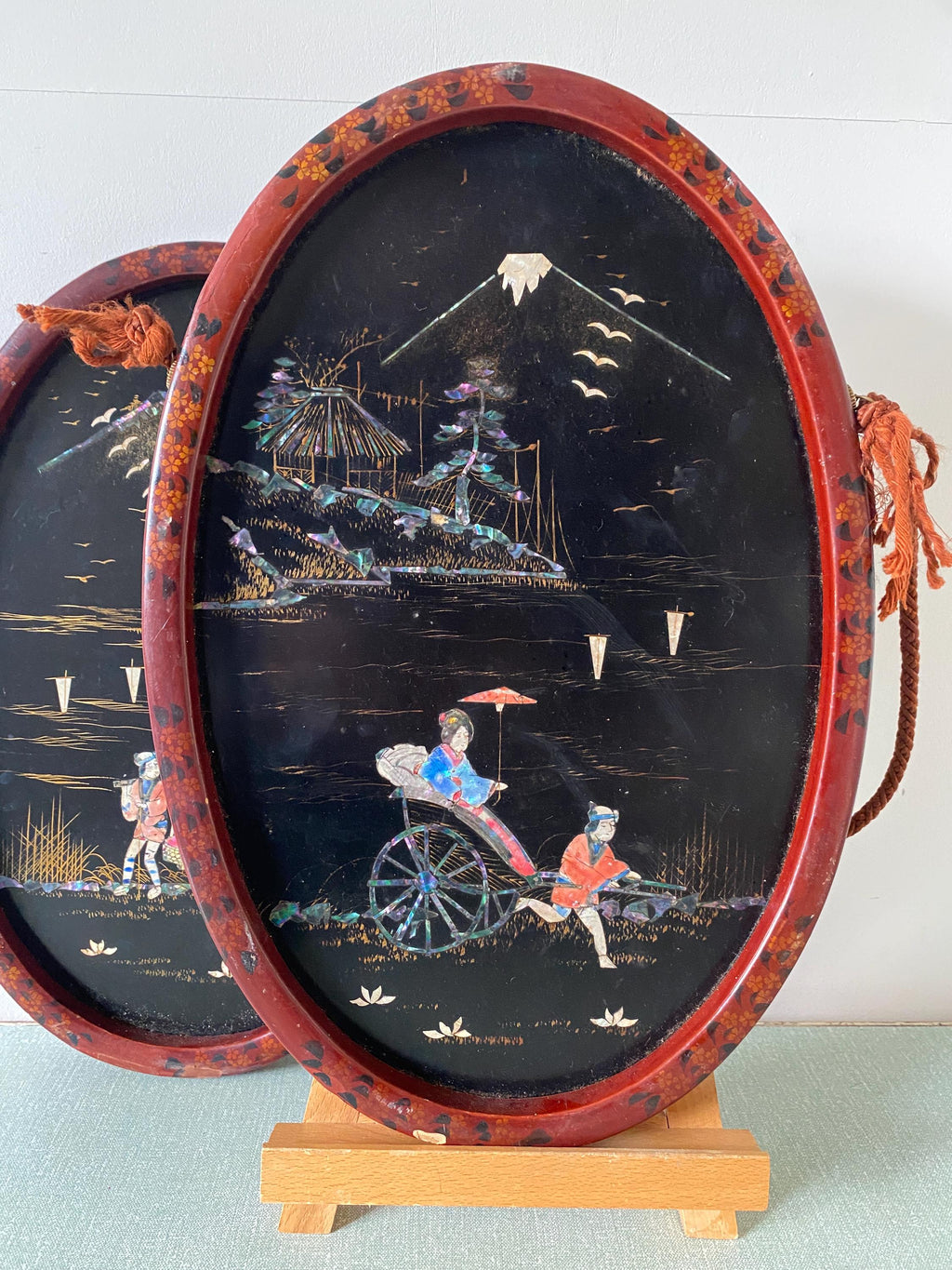 Pair of Lacquered Hand Decorated Japanese Wall Hangings