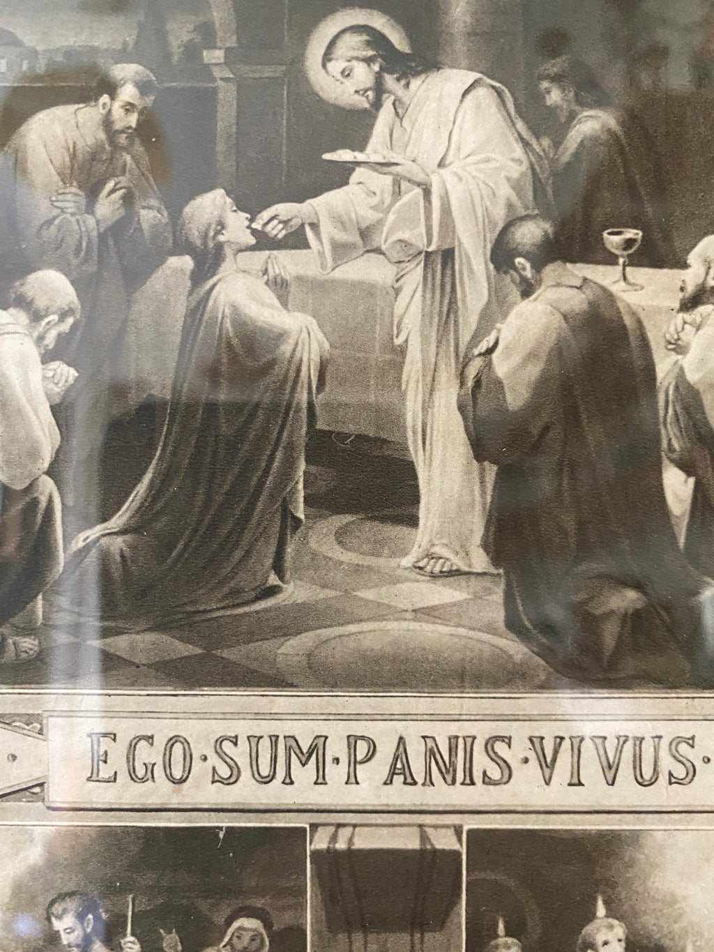 Framed French Religious Print: Early 20th Century Baptism Souvenir Art