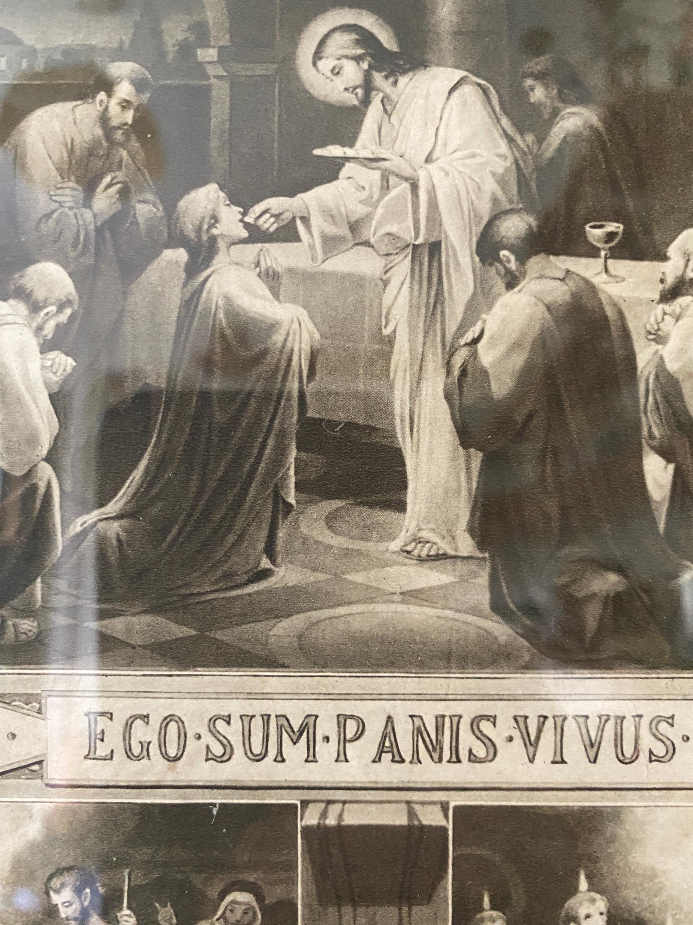 Framed French Religious Print: Early 20th Century Baptism Souvenir Art