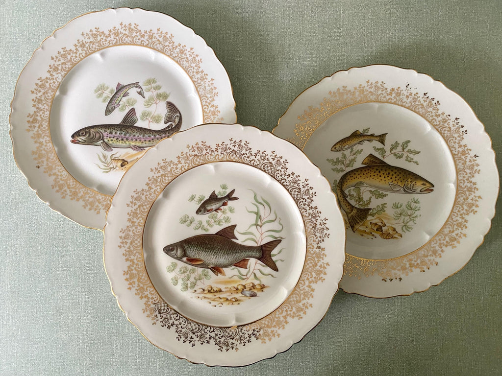 Set of three decorative plates with fish illustrations 