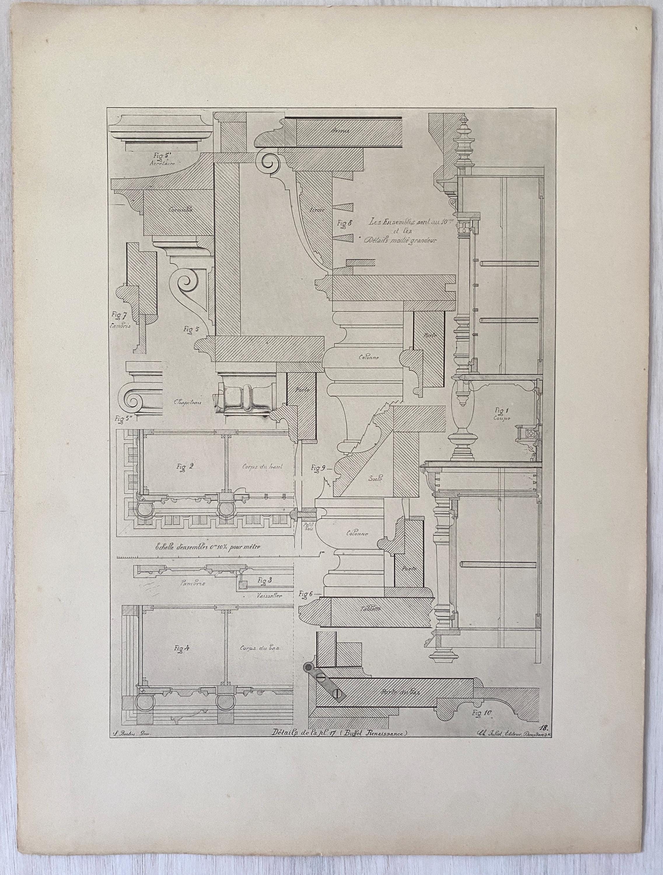 Technical drawing of construction details for a piece of furniture