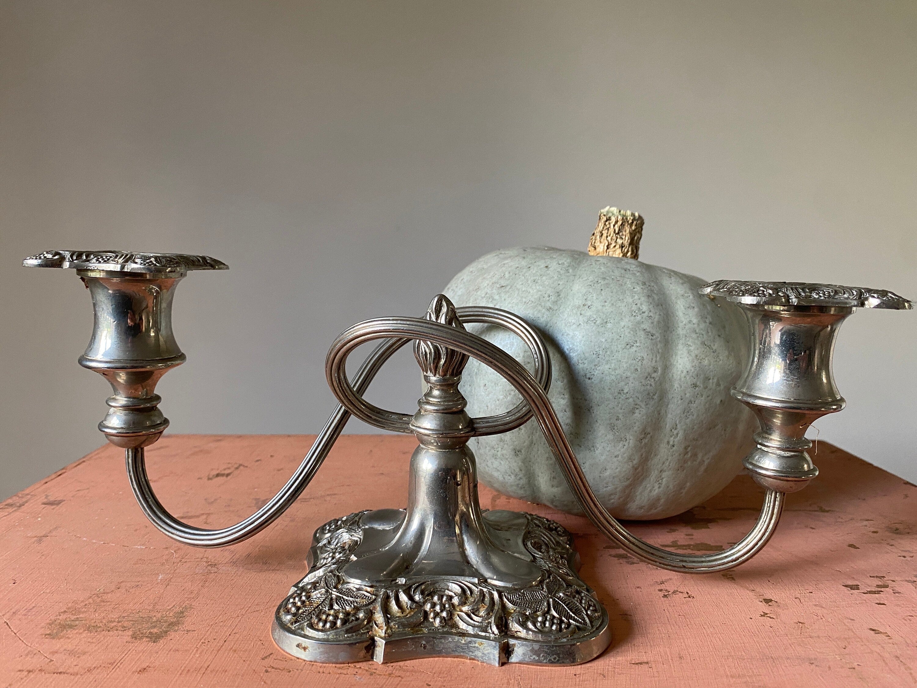 Vintage silver double candelabra with ornate square base