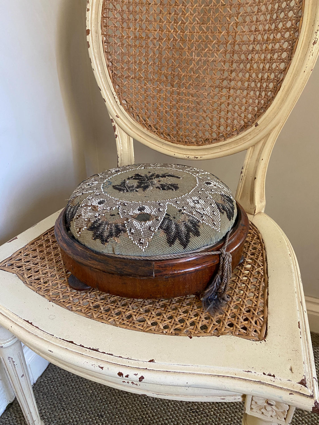 Beadwork Footstool Antique: Victorian Tapestry & Oak