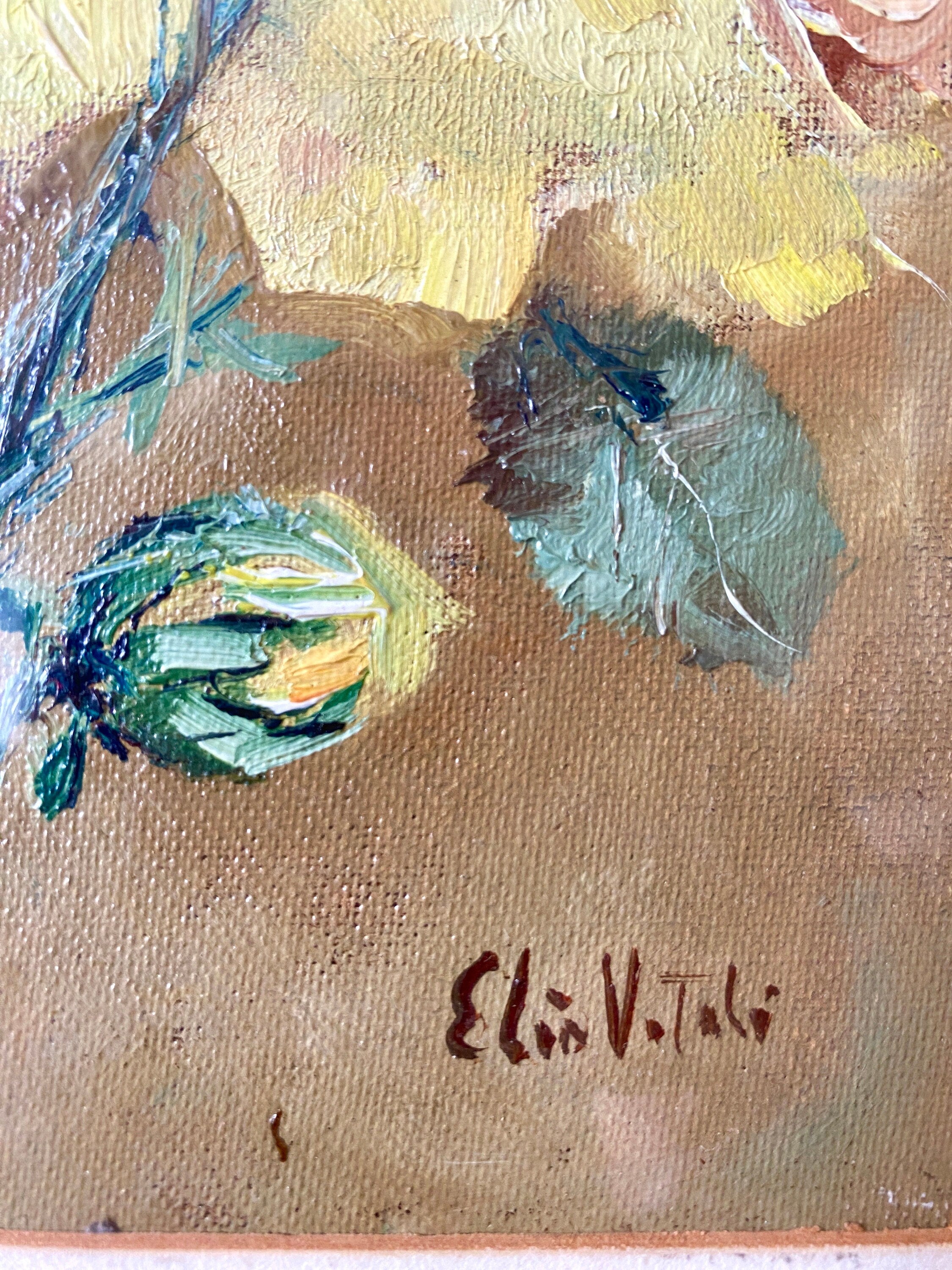 Close-up of a floral painting with visible signature on textured brown background