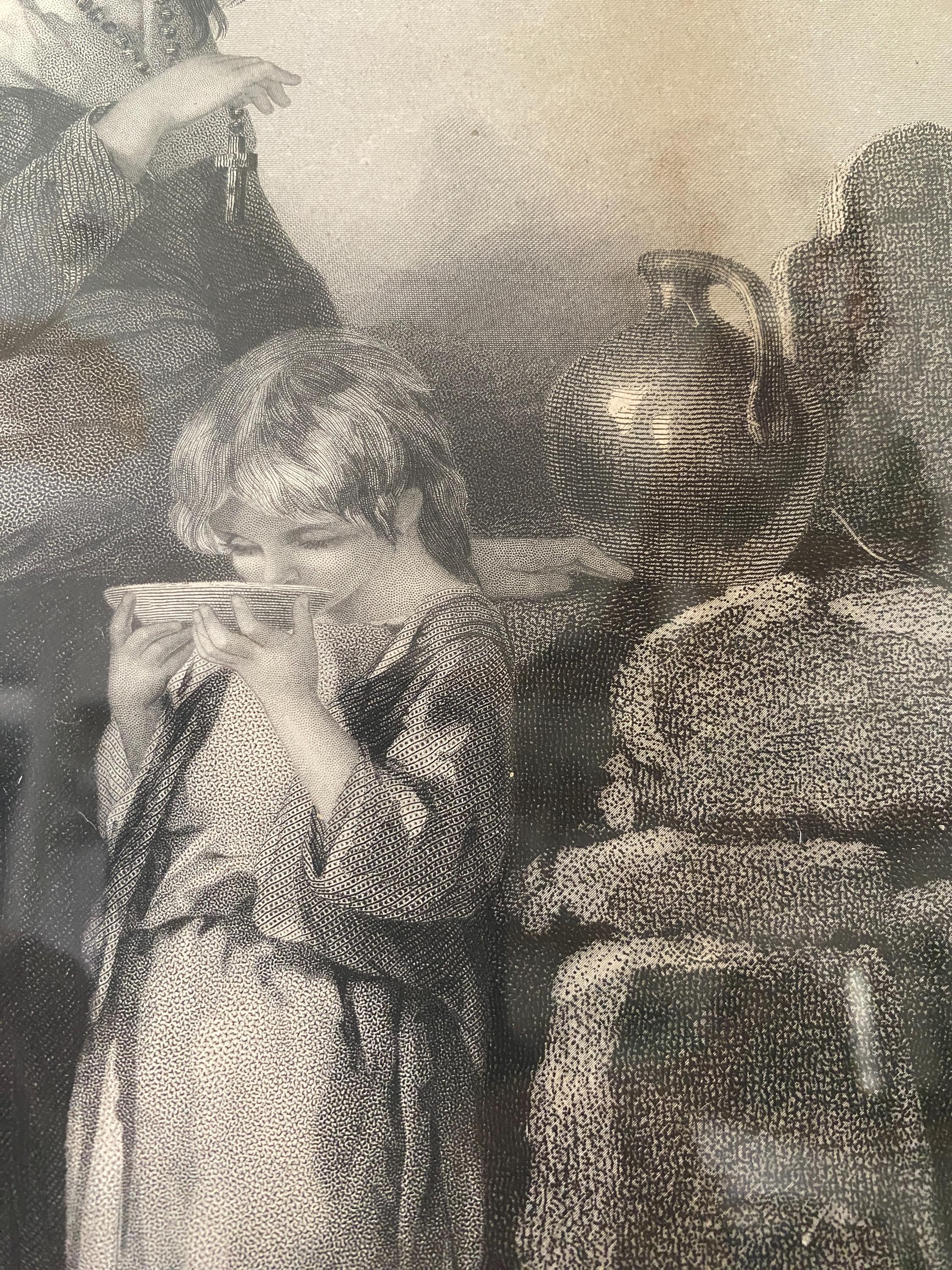 Black and white illustration of a child drinking from a cup