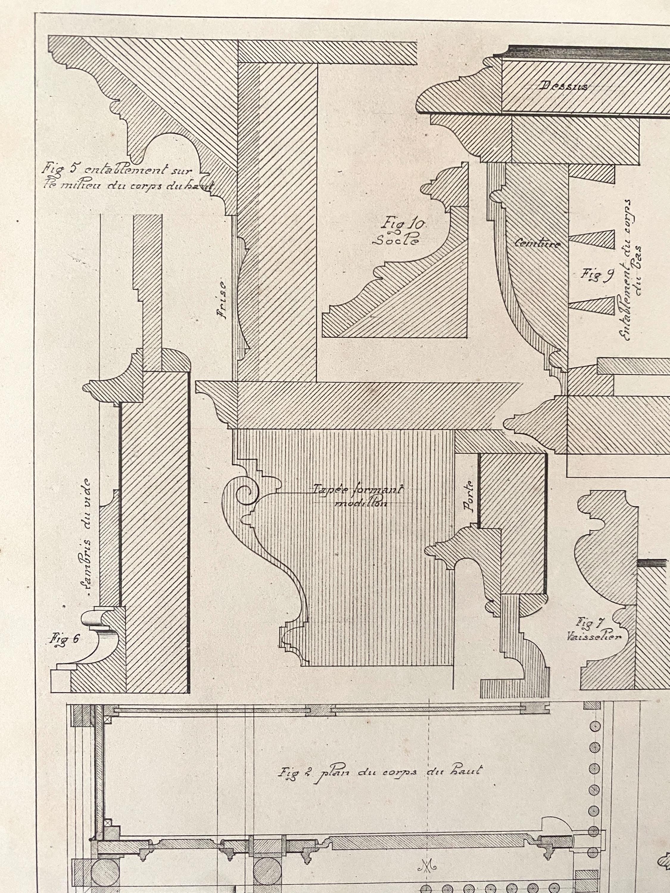Technical drawings showing details of a cabinet construction with hand written annotations