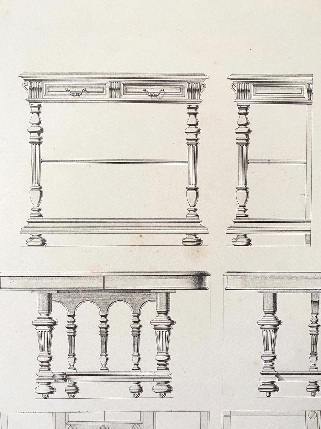 Antique lithograph illustrations of designs for tables