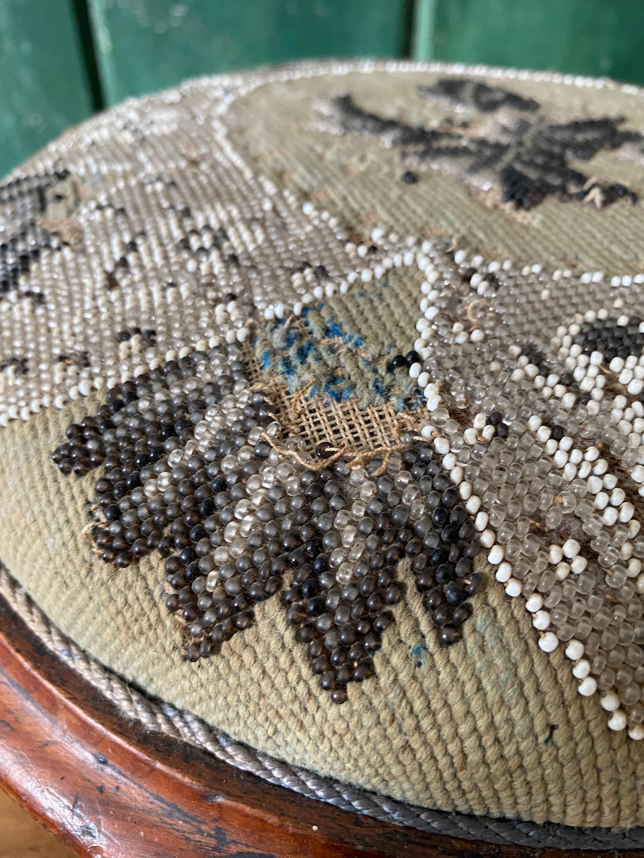 Beadwork Footstool Antique: Victorian Tapestry & Oak