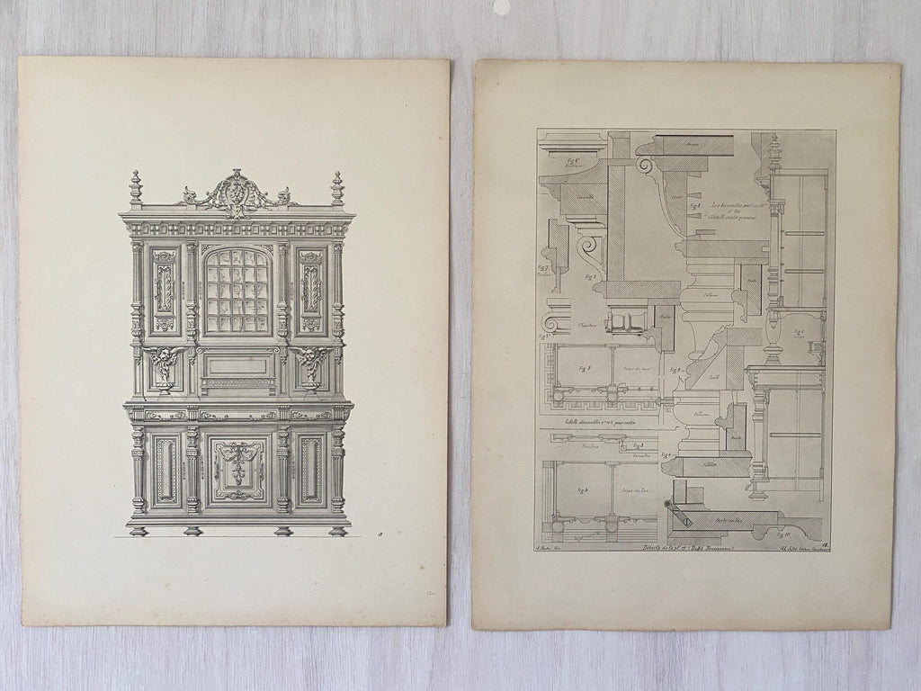Illustration of an ornate cabinet with design drawings
