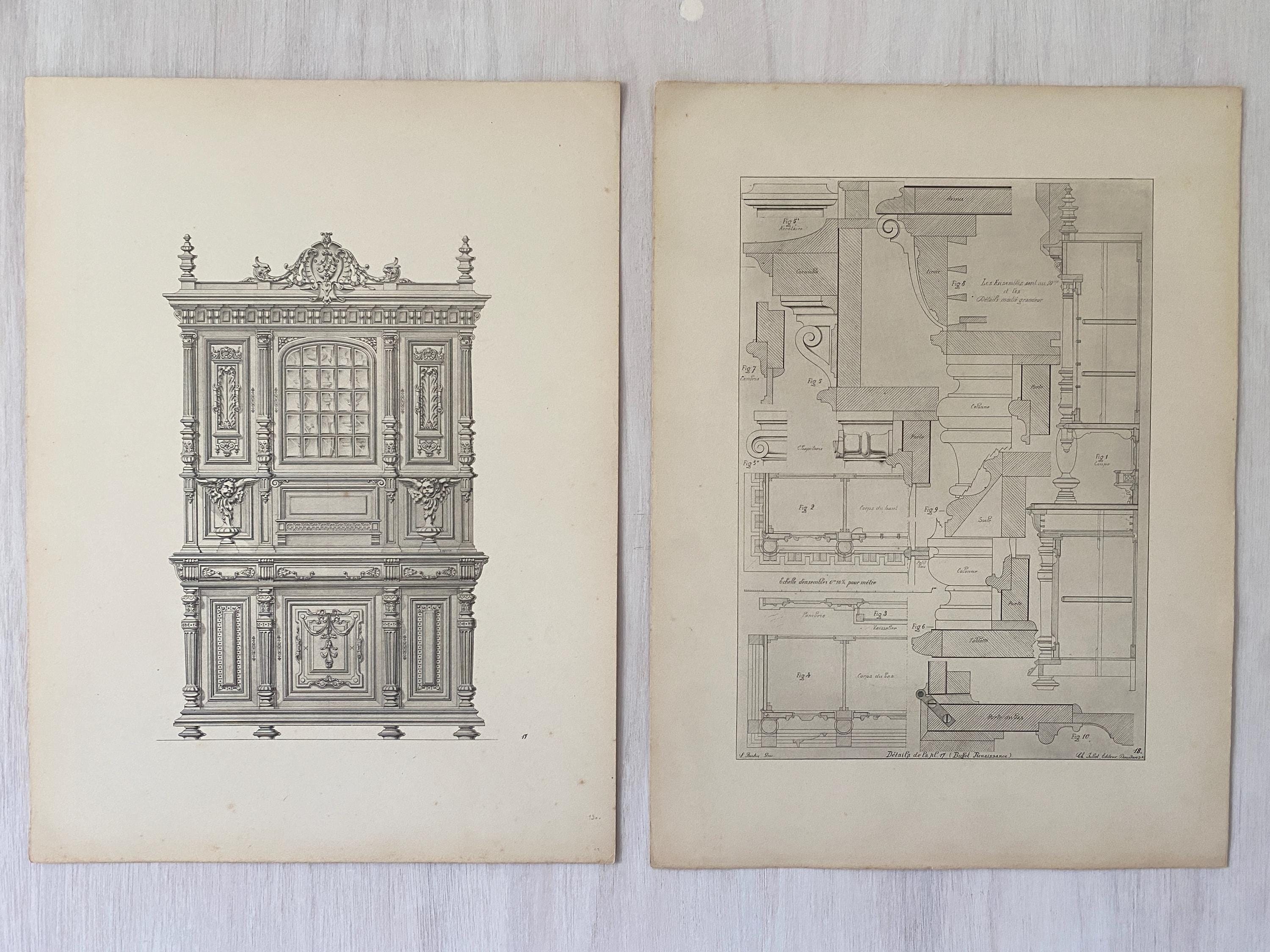 Illustration of an ornate cabinet with design drawings