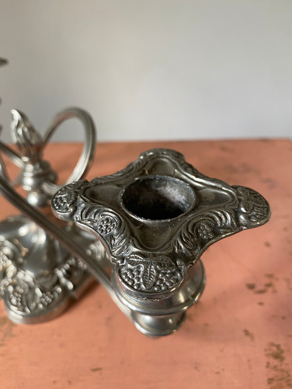 Close-up of a decorative silver candle holder 