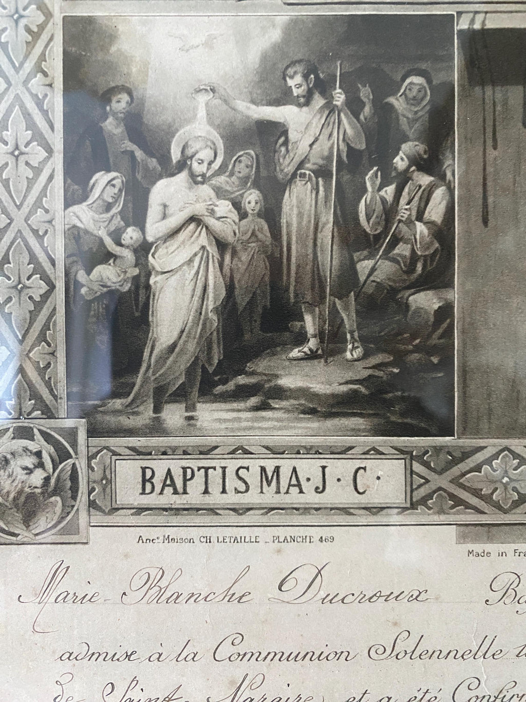 Framed French Religious Print: Early 20th Century Baptism Souvenir Art