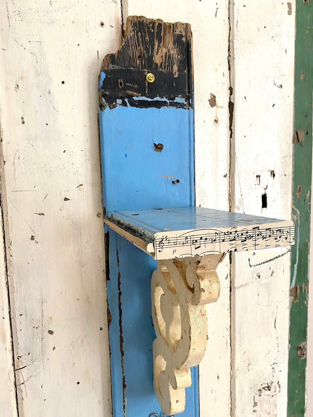 Blue wooden shelf with rustic design 