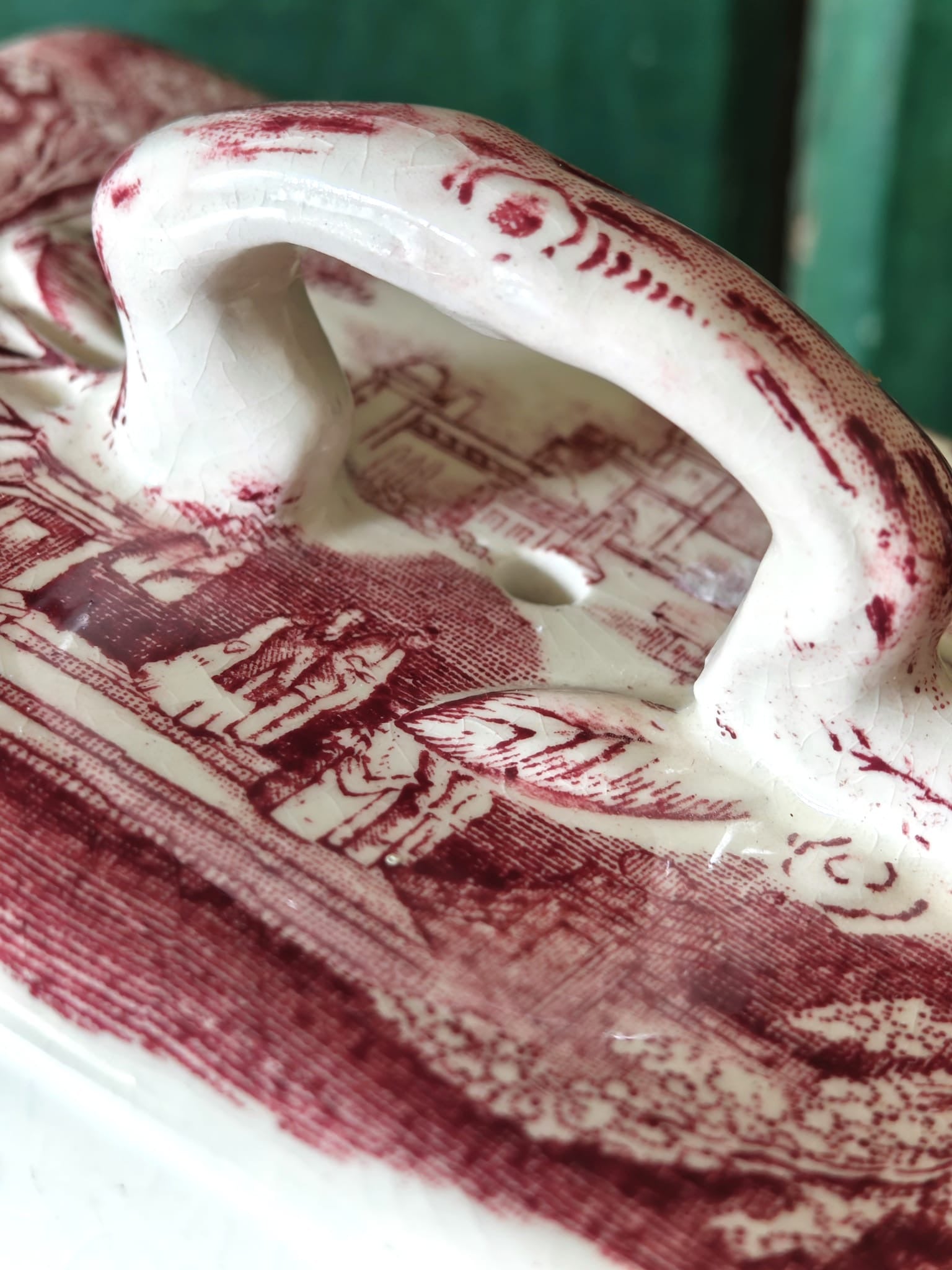 Close-up of a ceramic lid of a Masons Vista butter dish in pink.