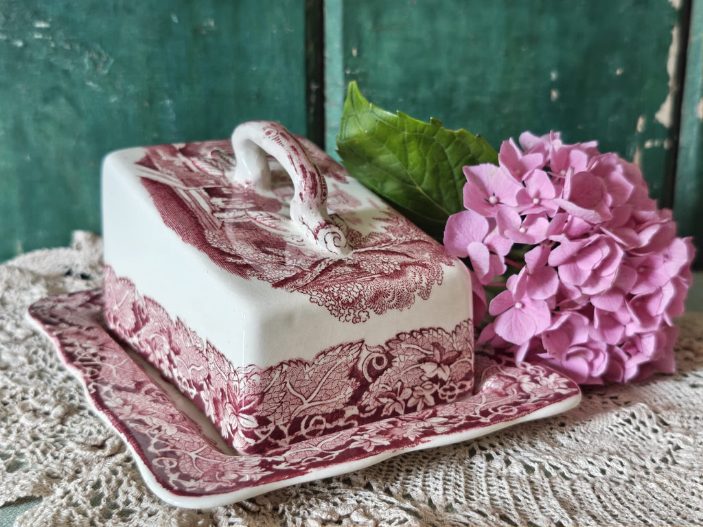 A Masons Vista butter dish decorated with a dusty rose toile pattern.