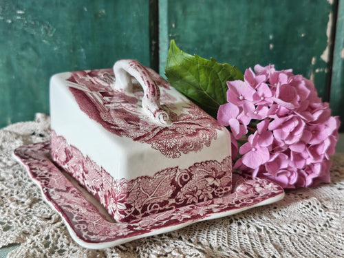 A Masons Vista butter dish decorated with a dusty rose toile pattern.