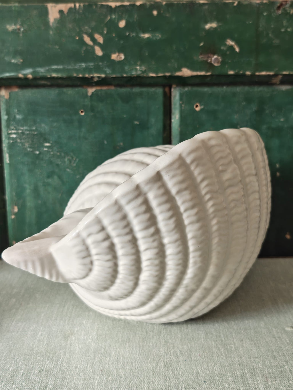 A large white seashell vase from Shorter and Son. 