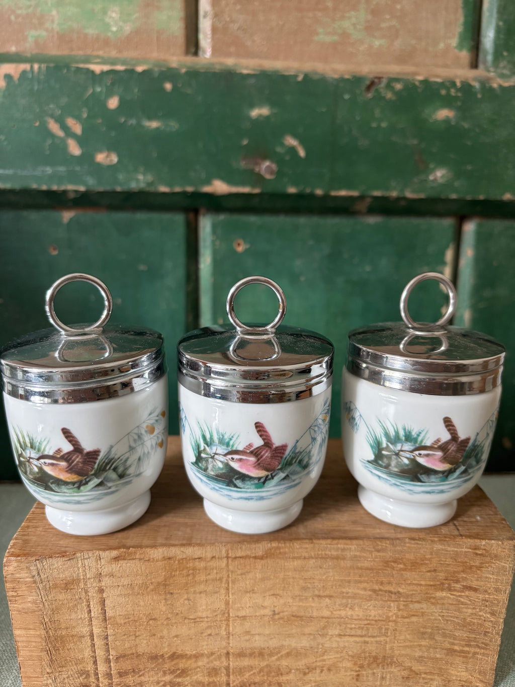 Three vintage Royal Wocester egg coddlers.