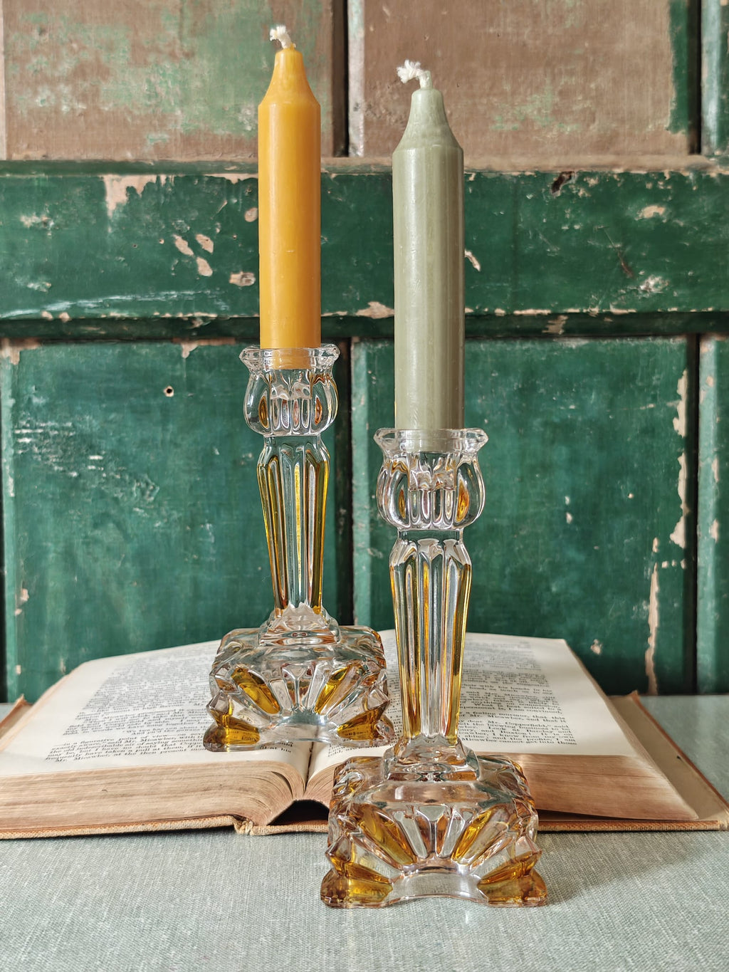 Two art deco glass candlesticks