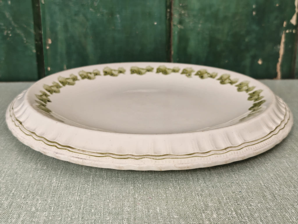 A round white ceramic plate with a scalloped rim and a delicate green leaf pattern around the edge.