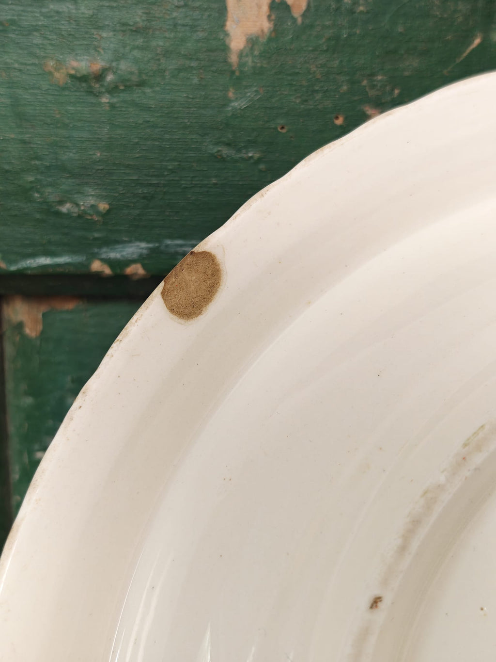 A close-up of a white ceramic plate with a small brown chip under the rim.