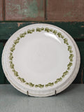 A round white ceramic plate with a decorative border of small green leaves.