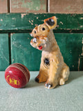Dog figurine with a red cricket ball