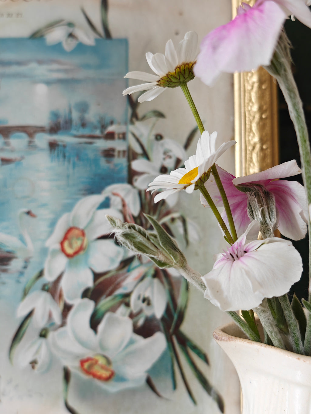 Detail of flowers with floral print behind