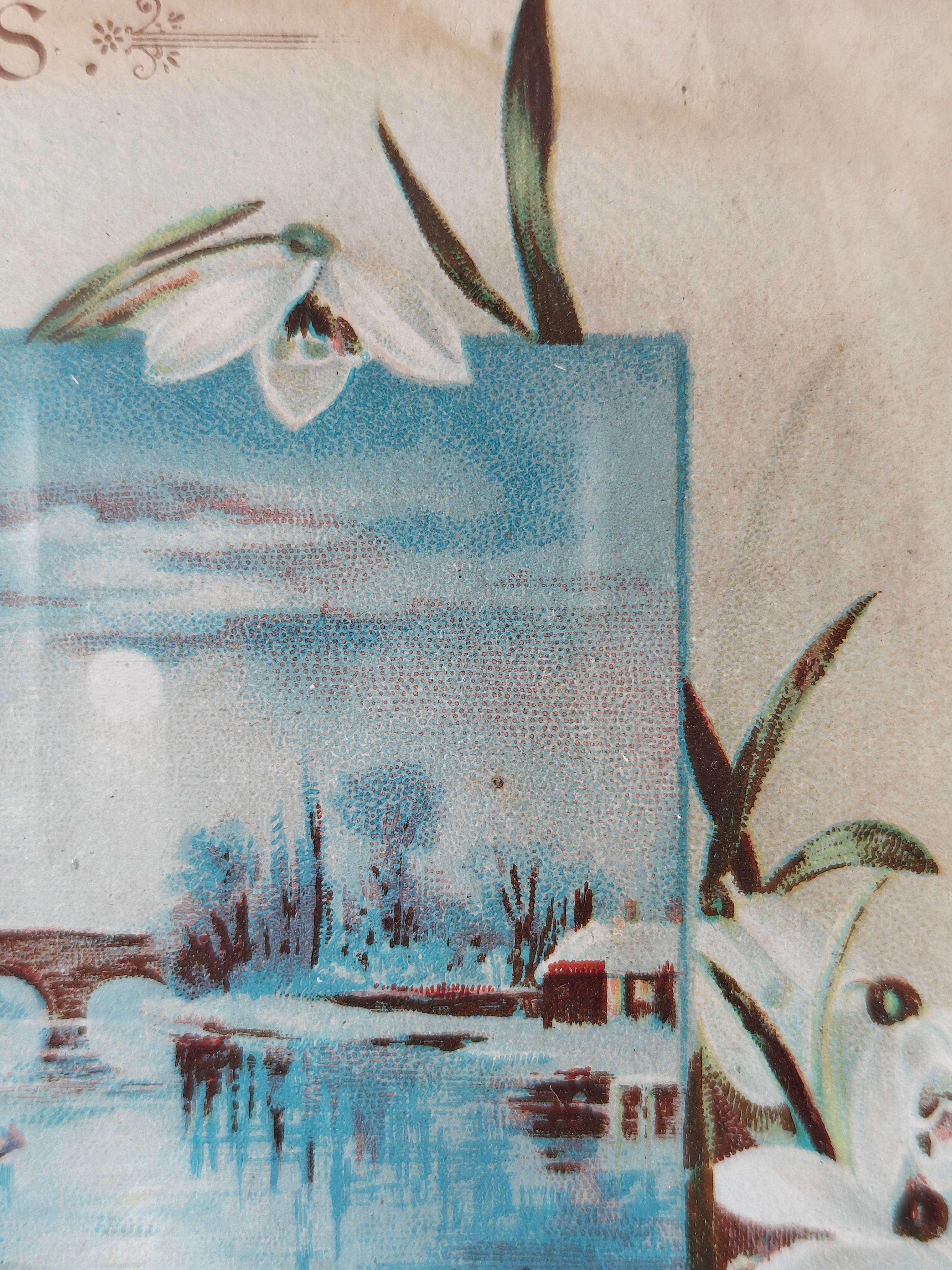 detail of a vintage colour print showing scenery and flowers