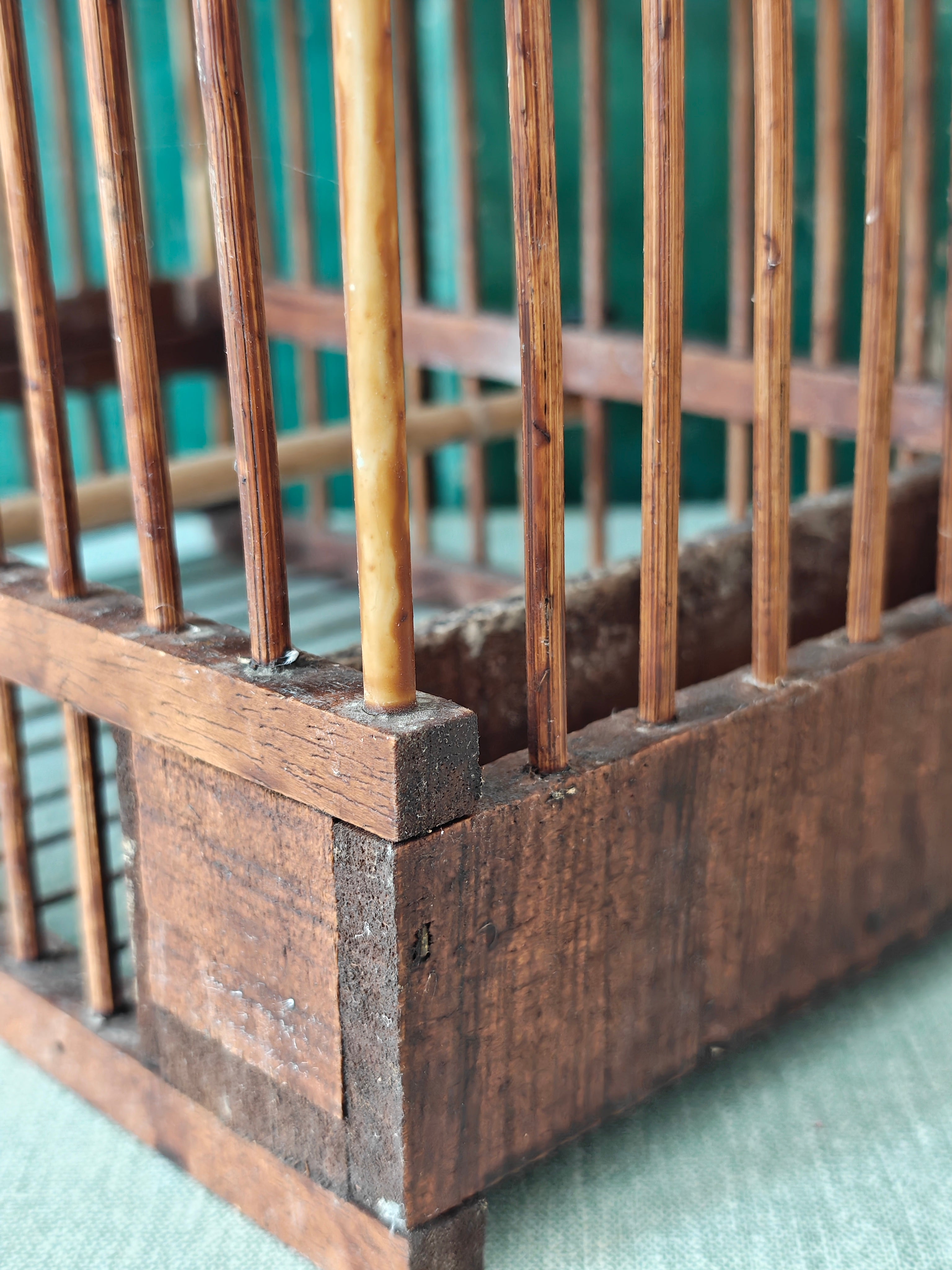 Close-up of a wooden birdcage 